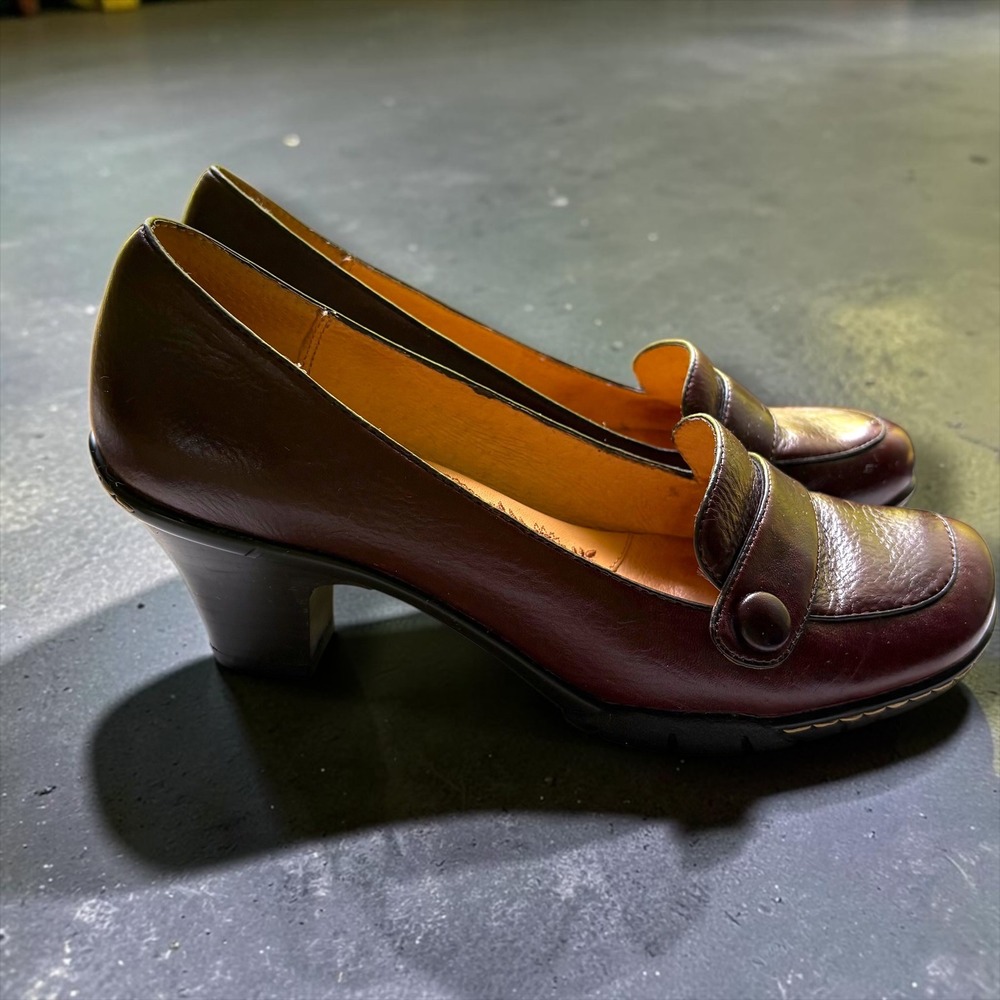 Sofft Womens Burgundy Leather Loafer Pumps Stacked Heel Square Toe Shoes